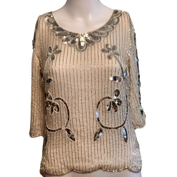Vintage 60s Ivory Sequin Floral Beaded Silk Top Sz M 3/4 Sleeve Scalloped Beaded - Picture 12 of 16